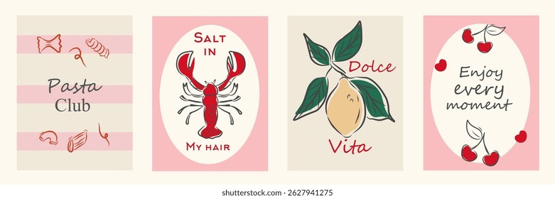 Hand drawn la dolce vita doodles. Wall art with lobster, lemon, cherry, pasta. Minimalist line art. Set of mediterranean concept vector illustration for invitations, printables, social media, poster.