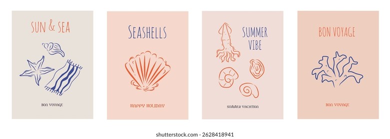 Hand drawn la dolce vita doodles. Wall art with seashells, seafood object. Minimalist line art. Set of mediterranean concept vector illustration for invitations, printables, social media, poster.