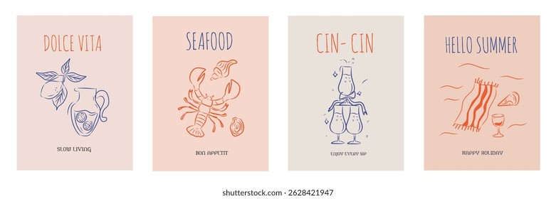 Hand drawn la dolce vita doodles. Wall art with seashells, wine, lemon object. Minimalist line art. Set of mediterranean concept vector illustration for invitations, printables, social media, poster.