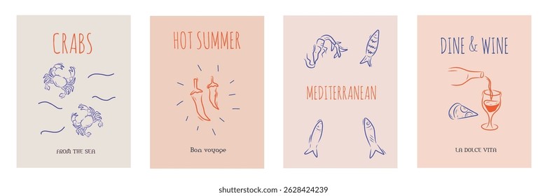 Hand drawn la dolce vita doodles. Wall art with crabs, wine, fish, pizza object. Minimalist line art. Set of mediterranean concept vector illustration for invitations, printables, social media, poster