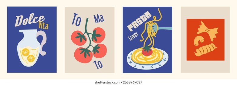 Hand drawn la dolce vita doodles. Vintage wall art with tomato, lemon, pasta. Minimalist background. Set of Italian food concept vector illustration for invitations, printables, social media, poster.