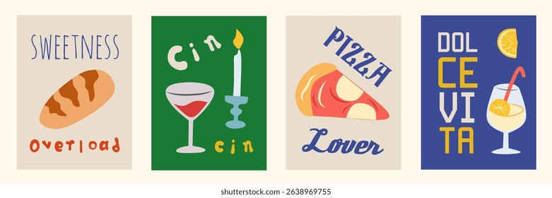 Hand drawn la dolce vita doodles. Vintage wall art with wine, lemon, pizza. Minimalist background. Set of Italian food concept vector illustration for invitations, printables, social media, poster.