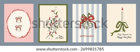 Hand drawn la dolce vita Christmas doodles. Vector illustration cards icon, bows, bell, candle. Minimalist winter line art for birthday, invitations, stationery, printables, social media, wall art.