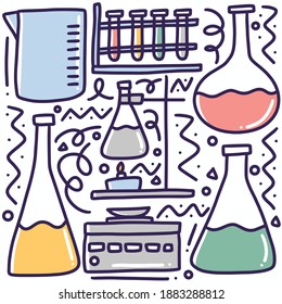 hand drawn lab equipment doodle set with icons and design elements