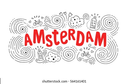 Hand drawn label with Amsterdam city in Van Gogh style. This illustration can be used as a print on T-shirts, bags, wall, poster.
