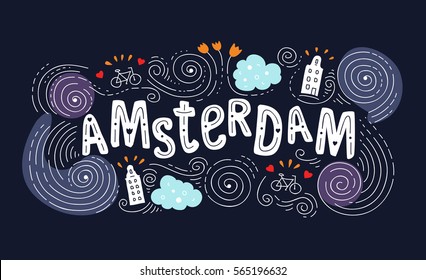 Hand drawn label with Amsterdam city in Van Gogh style. This illustration can be used as a print on T-shirts, bags, wall, poster.