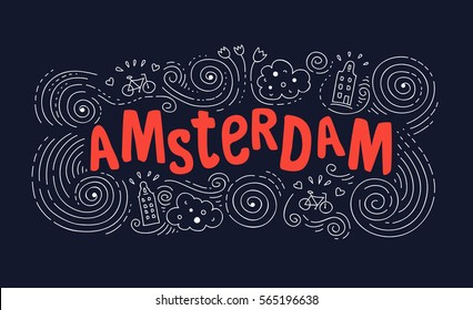 Hand drawn label with Amsterdam city in Van Gogh style. This illustration can be used as a print on T-shirts, bags, wall, poster.