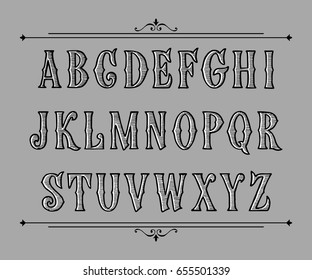 Hand drawn label font for design in vintage style. Vector typeface for labels and any type designs