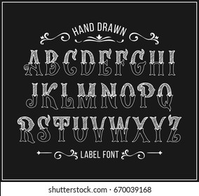 Hand Drawn Label Font For Design In Vintage Style. Vector Alphabet In Victorian Style