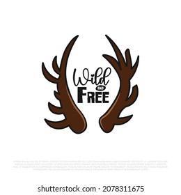 Hand drawn label with horns vector illustration and "wild and free" lettering