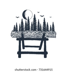 Hand drawn label with log and forest textured vector illustrations.