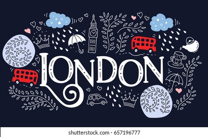 Hand drawn label with London city in  cartoon style. This illustration can be used as a print on T-shirts, bags, wall, poster.