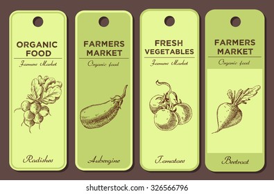 Hand drawn label set with vegetables. Radish, aubergine, tomatoes, beetroot.  For vegan products, brochures, banner, restaurant menu, farmers market and organic food store