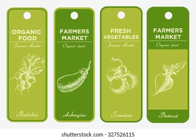 Hand drawn label set with vegetables. Radish, aubergine, tomatoes, beetroot.  For vegan products, brochures, banner, restaurant menu, farmers market and organic food store