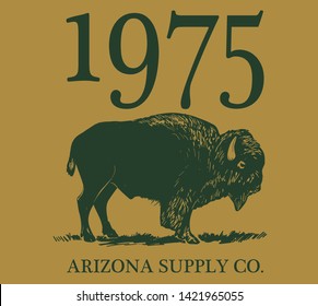 Hand drawn label with textured buffalo vector illustration