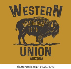 Hand drawn label with textured buffalo vector illustration