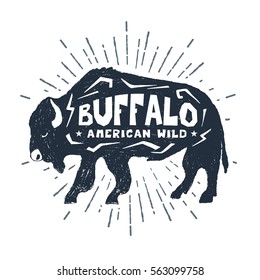 Hand drawn label with textured buffalo vector illustration and "Buffalo. American wild" lettering.