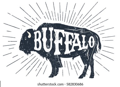 Hand drawn label with textured buffalo vector illustration