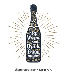 Hand Drawn Label With Textured Champagne Bottle Vector Illustration And 