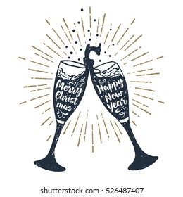 Hand drawn label with textured champagne glasses vector illustration and "Merry Christmas and Happy New Year" lettering.