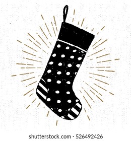 Hand drawn label with textured Christmas stocking vector illustration.