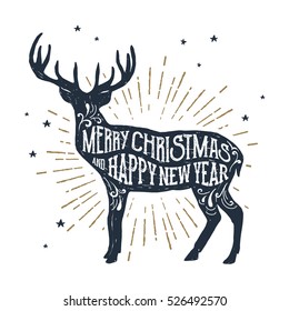 Hand drawn label with textured deer vector illustration and "Merry Christmas and Happy New Year" lettering.