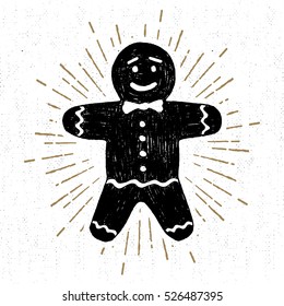 Hand Drawn Label With Textured Gingerbread Man Vector Illustration.