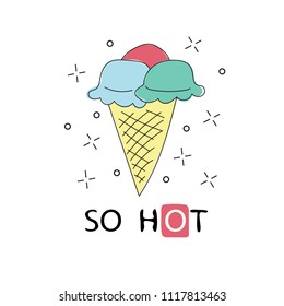 Hand drawn label with textured ice cream cone vector illustration and so hot text