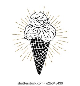 Hand drawn label with textured ice cream vector illustration.