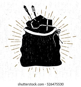 Hand drawn label with textured Santa's sack of gifts vector illustration.