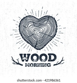 Hand drawn label with textured tree trunk vector illustration and "Wood morning?" lettering.