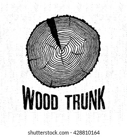 Hand drawn label with textured tree trunk vector illustration and "Wood trunk" lettering.