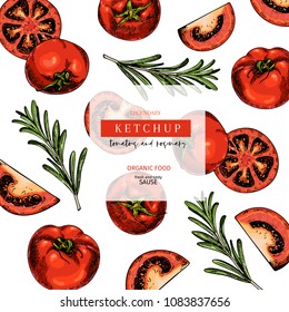 Hand drawn label of tomato and rosemary ketchup sause. Vector colored vintage art. Set of farm vegetables. Organic sketched vegetarian objects. For restaurant, menu, package, market, flyer, template.