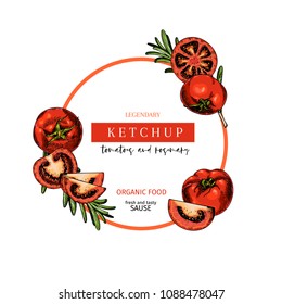 Hand drawn label of tomato and rosemary ketchup sause. Vector colored vintage art. Set of farm vegetables. Organic sketched vegetarian objects. For restaurant, menu, package, market, flyer, template.