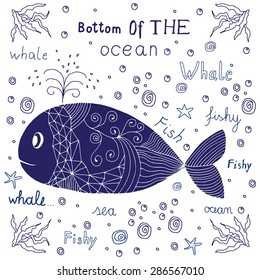 Hand drawn label with a whale and lettering.