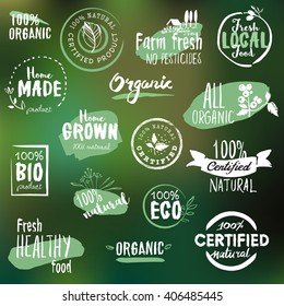 Hand drawn labels and badges collection for organic food and drink, natural products, restaurant, healthy food market and production, on the nature background. Vector illustrations.