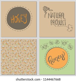 Hand drawn labels of bees, flowers, and honey, vector.