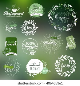 Hand drawn labels and elements collection for organic food and drink, natural products, restaurant, healthy food market and production, on the nature background. Vector illustrations.