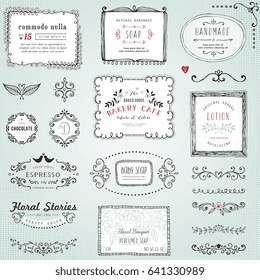 Hand drawn labels, frames, flowers and floral dividers. Good for package design, promo signs and logo design.Vector illustration.