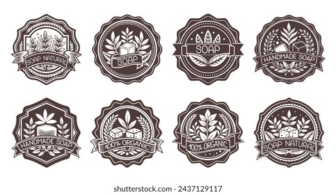 Hand drawn labels for handmade soap bars. Handmade soap stamp. A set of templates for all types of soap products. Vector