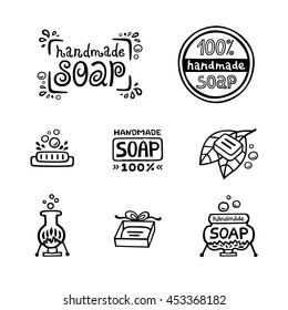 Hand drawn labels for handmade soap bars. Set of vector logos, badges and templates for all kind soap design, packaging or wrapping