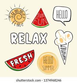 Hand drawn labels, logos and elements set for summer holiday, travel, beach vacation, sun. Vector illustration.