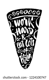 Etiquetas dibujadas a mano con textura de pizzería ilustración vectorial y letras.