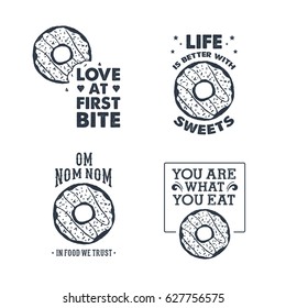 Hand drawn labels set with textured donut vector illustration and lettering.