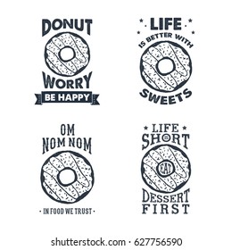 Hand drawn labels set with textured donut vector illustration and lettering.