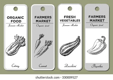 Hand drawn labels set with vegetables. Celery, carrots, zucchini, paprika. Can be used for vegan products, brochures, banner, restaurant menu, farmers market and organic food store