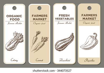 Hand drawn labels set with vegetables. Celery, carrots, zucchini, paprika. Can be used for vegan products, brochures, banner, restaurant menu, farmers market and organic food store