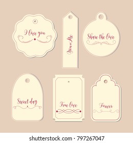 Hand drawn labels and tags. Elements collection for Valentine s Day.The main symbols of the holiday. Vector logo, emblems, text design. Usable for banners, greeting cards, gifts etc.