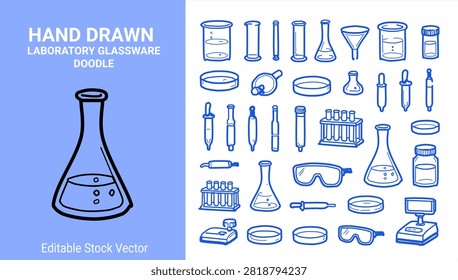 Hand drawn laboratory glassware doodle icon set with science lab equipment chemistry tools and research instruments