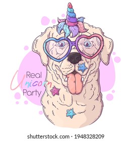Hand drawn Labrador Retriever dog with unicorn horn Vector. Isolated objects for your design. Each object can be changed and moved.